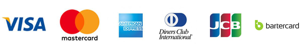 payment options include AMEX, Diners Club International, JCB, Mastercard, VISA and Bartercard