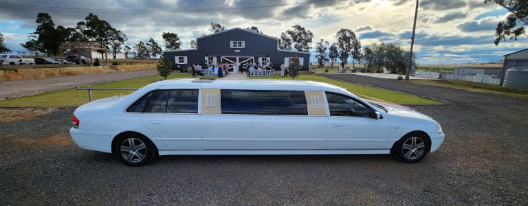 Our 9 seater limo at a wedding. White with gold trims and mag wheels