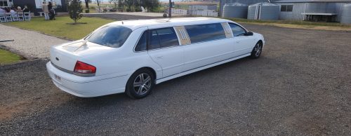 white 9 seater limo rear drivers side angle