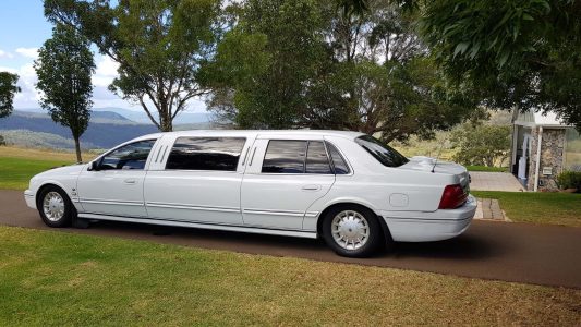 A photo of one of our limousines with a wonderful view of the mountains and trees behind