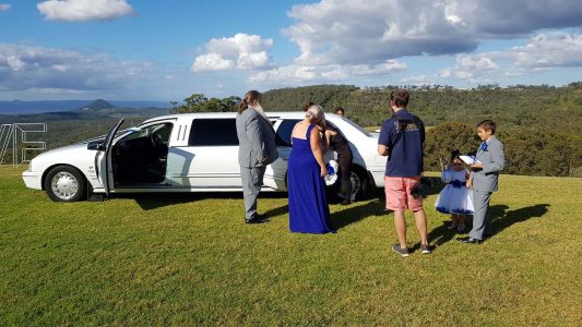 A photo of the bridal party exiting one of our limousines
